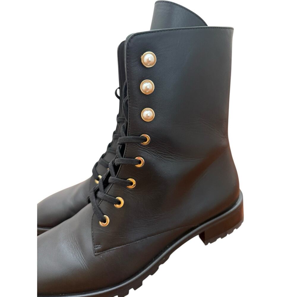 Stuart Weitzman Laine Pearl Leather Combat Boot In Black Size 8 - Picture 7 of 13